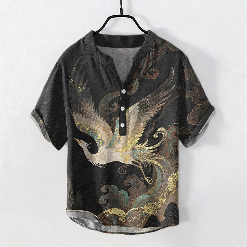 Buddha Stones Chemise homme à manches courtes et demi-boutons en coton doré à motif de grues et de vagues - Noir - US/UK/AU50，EU60 (5XL) - image 7