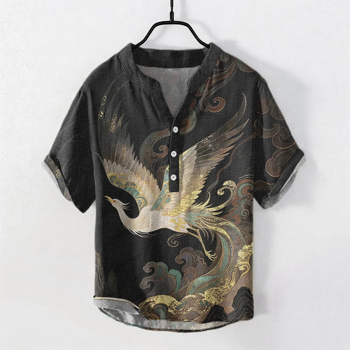 Buddha Stones Chemise homme à manches courtes et demi-boutons en coton doré à motif de grues et de vagues - Noir - US/UK/AU50，EU60 (5XL) - image 7