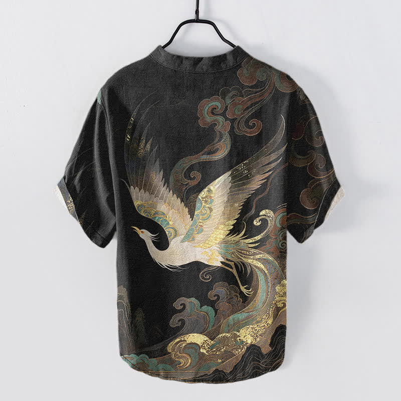 Buddha Stones Chemise homme à manches courtes et demi-boutons en coton doré à motif de grues et de vagues - image 8