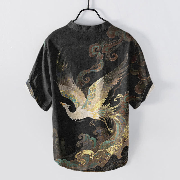 Buddha Stones Chemise homme à manches courtes et demi-boutons en coton doré à motif de grues et de vagues - image 8