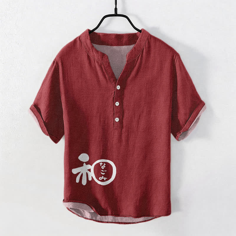 Buddha Stones Chemise à manches courtes pour homme en coton avec motif d'écusson Wa, demi-boutonnée - Bordeaux - US/UK/AU50，EU60 (5XL) - image 0