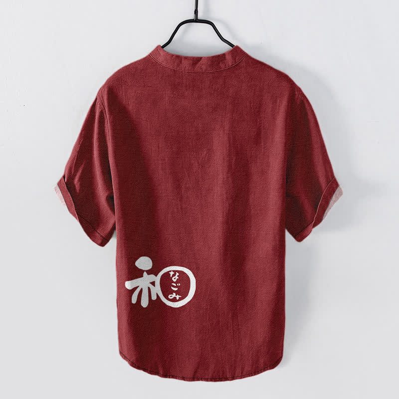 Buddha Stones Chemise à manches courtes pour homme en coton avec motif d'écusson Wa, demi-boutonnée - image 1