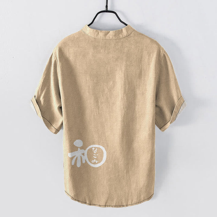 Buddha Stones Chemise à manches courtes pour homme en coton avec motif d'écusson Wa, demi-boutonnée - image 6