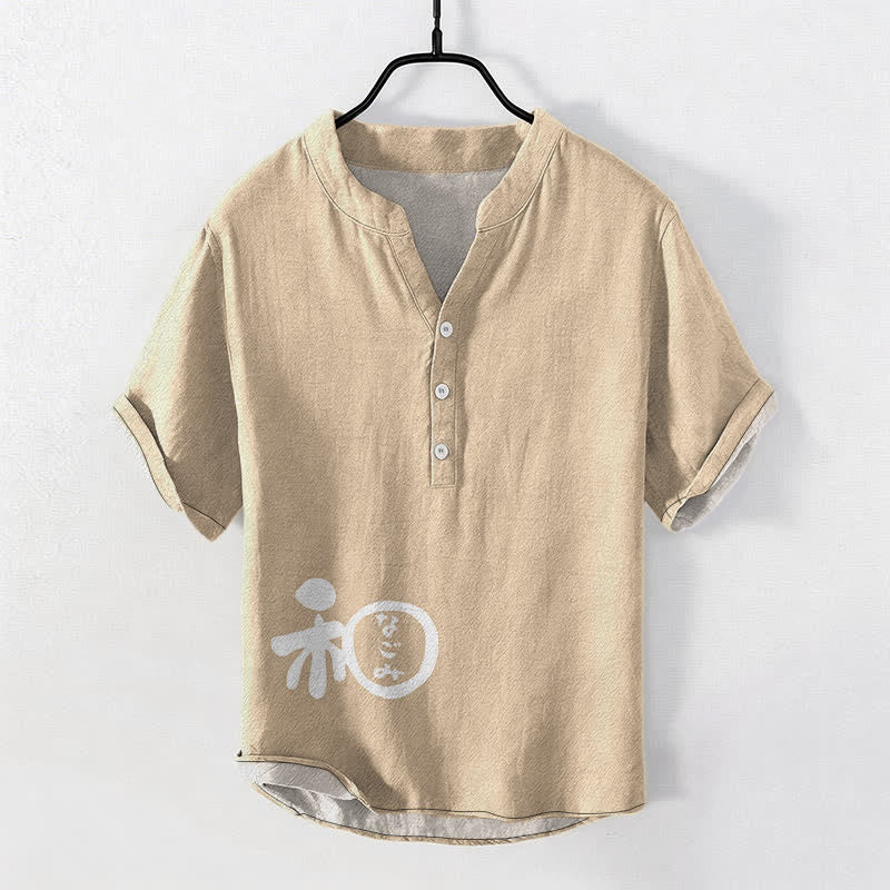 Buddha Stones Chemise à manches courtes pour homme en coton avec motif d'écusson Wa, demi-boutonnée - Beige - US/UK/AU50，EU60 (5XL) - image 5
