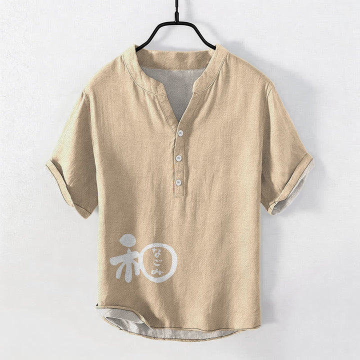 Buddha Stones Chemise à manches courtes pour homme en coton avec motif d'écusson Wa, demi-boutonnée - Beige - US/UK/AU50，EU60 (5XL) - image 5