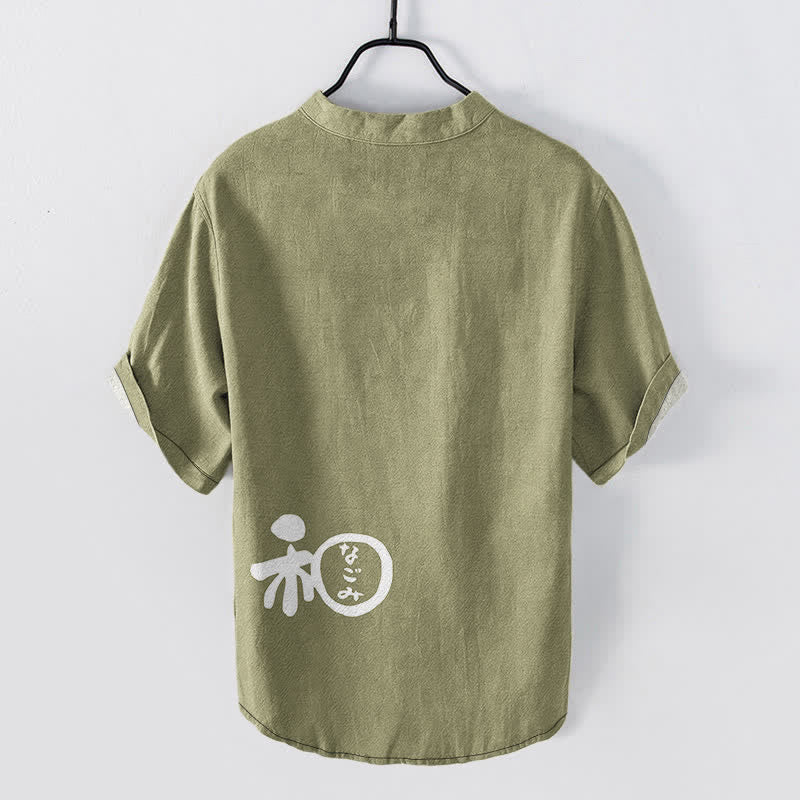 Buddha Stones Chemise à manches courtes pour homme en coton avec motif d'écusson Wa, demi-boutonnée - image 8