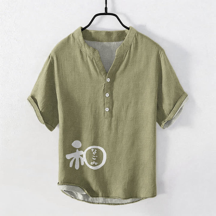 Buddha Stones Chemise à manches courtes pour homme en coton avec motif d'écusson Wa, demi-boutonnée - Olive - US/UK/AU50，EU60 (5XL) - image 7