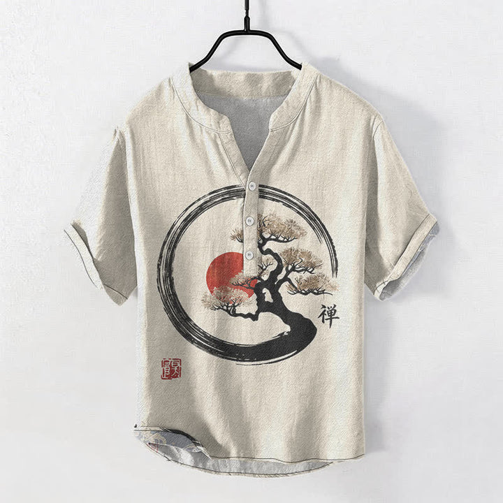 Buddha Stones Chemise homme à manches courtes et demi-boutonnée, motif bonsaï soleil à l'encre zen en coton - Lin - US/UK/AU50，EU60 (5XL) - image 0
