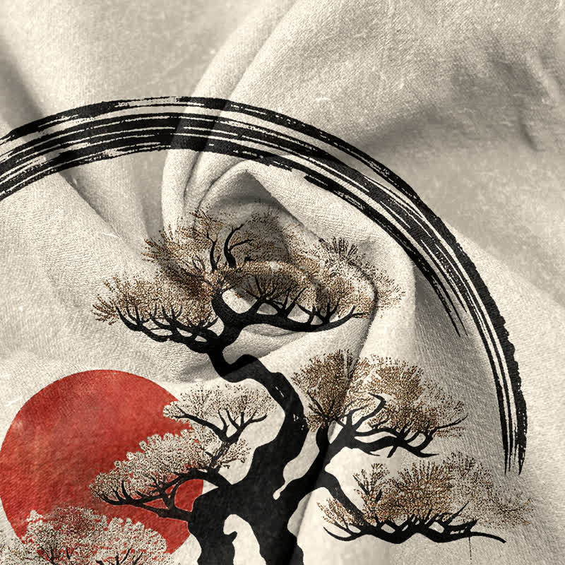 Buddha Stones Chemise homme à manches courtes et demi-boutonnée, motif bonsaï soleil à l'encre zen en coton - image 4