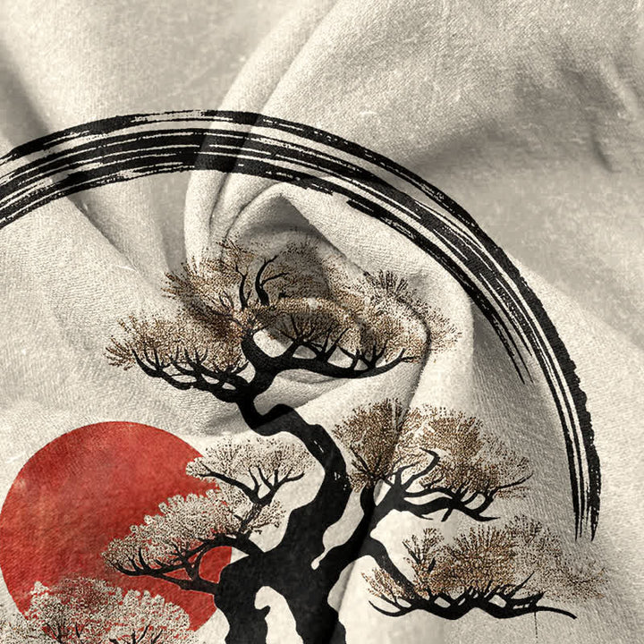 Buddha Stones Chemise homme à manches courtes et demi-boutonnée, motif bonsaï soleil à l'encre zen en coton - image 4