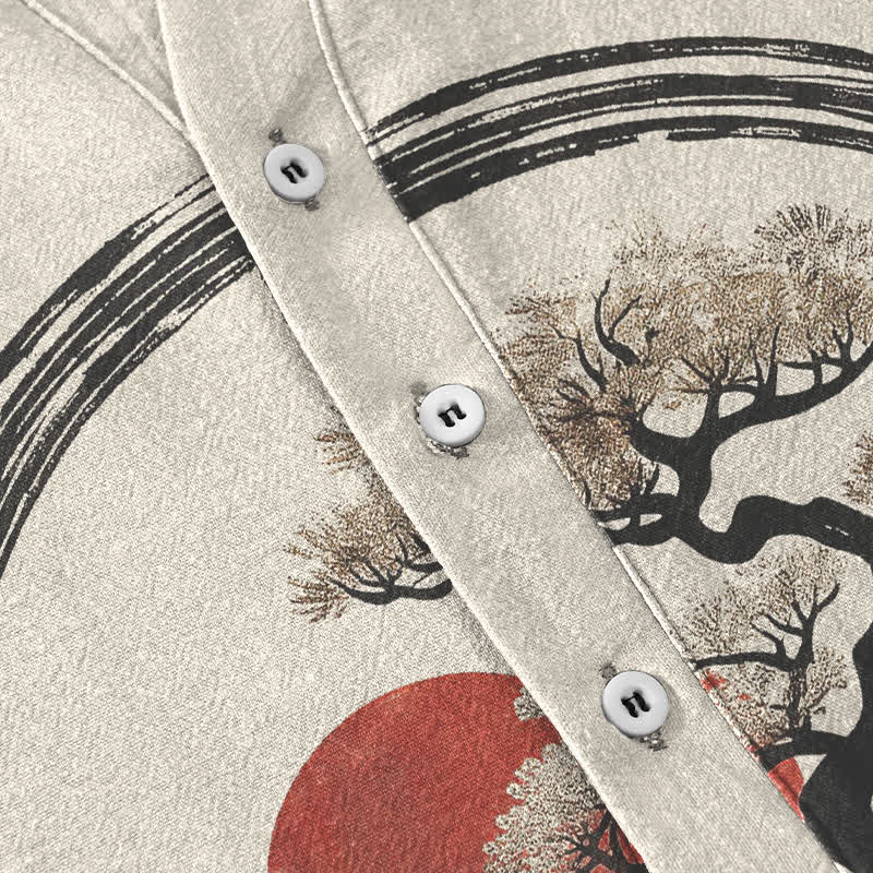 Buddha Stones Chemise homme à manches courtes et demi-boutonnée, motif bonsaï soleil à l'encre zen en coton - image 3
