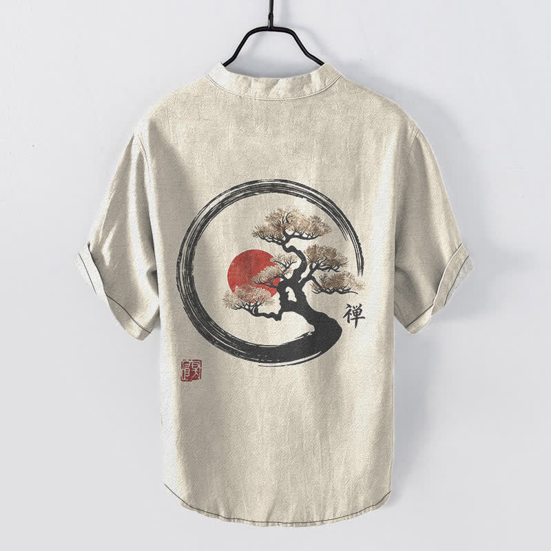 Buddha Stones Chemise homme à manches courtes et demi-boutonnée, motif bonsaï soleil à l'encre zen en coton - image 1