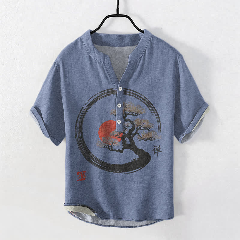 Buddha Stones Chemise homme à manches courtes et demi-boutonnée, motif bonsaï soleil à l'encre zen en coton - Bleu royal - US/UK/AU50，EU60 (5XL) - image 7