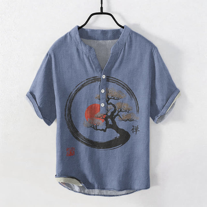 Buddha Stones Chemise homme à manches courtes et demi-boutonnée, motif bonsaï soleil à l'encre zen en coton - Bleu royal - US/UK/AU50，EU60 (5XL) - image 7