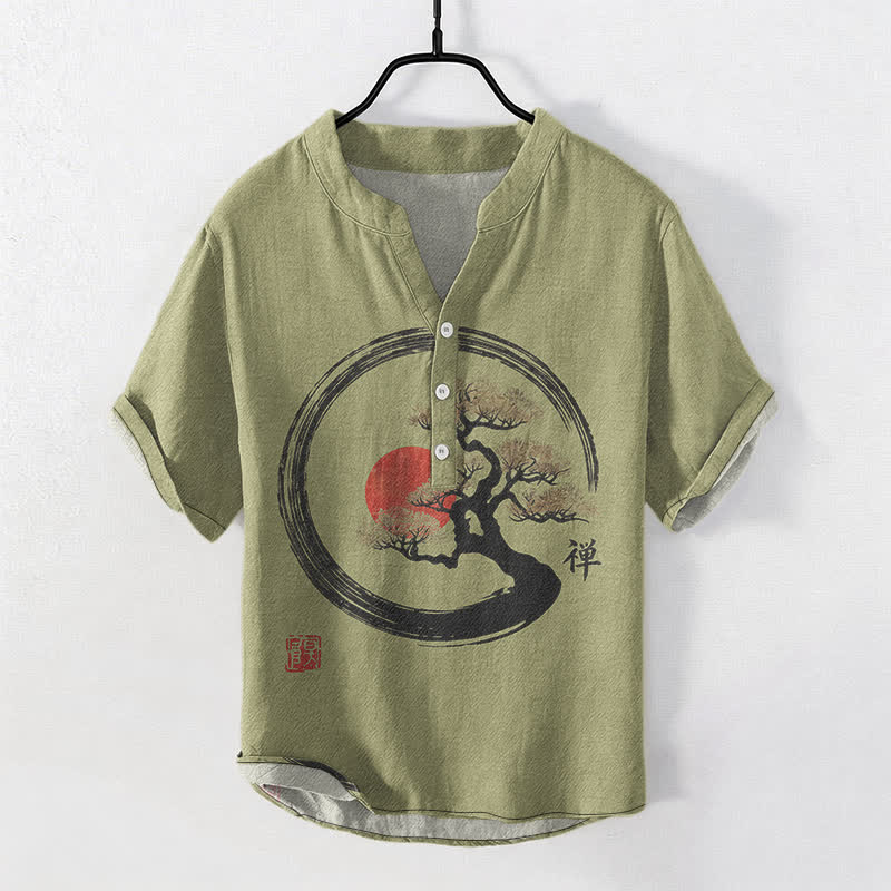 Buddha Stones Chemise homme à manches courtes et demi-boutonnée, motif bonsaï soleil à l'encre zen en coton - Vert olive - US/UK/AU50，EU60 (5XL) - image 5