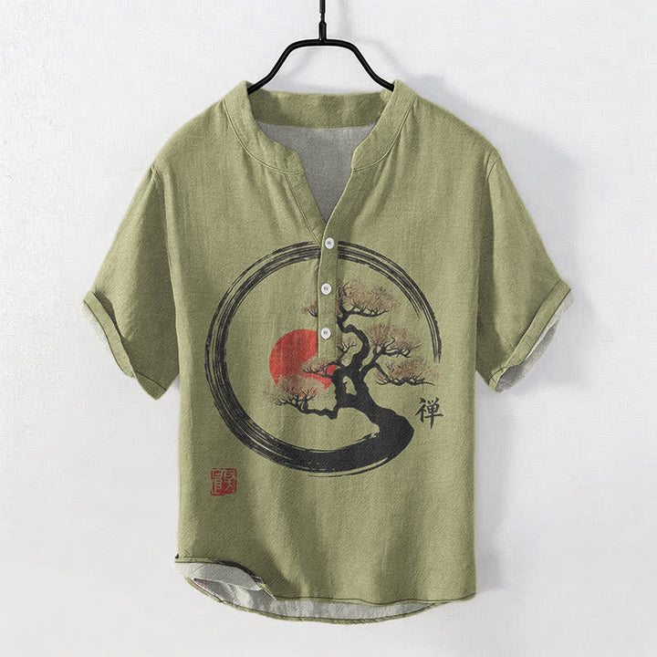 Buddha Stones Chemise homme à manches courtes et demi-boutonnée, motif bonsaï soleil à l'encre zen en coton - Vert olive - US/UK/AU50，EU60 (5XL) - image 5