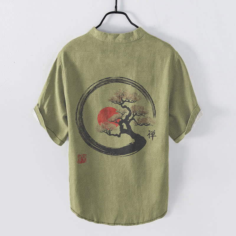 Buddha Stones Chemise homme à manches courtes et demi-boutonnée, motif bonsaï soleil à l'encre zen en coton - image 6