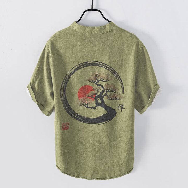Buddha Stones Chemise homme à manches courtes et demi-boutonnée, motif bonsaï soleil à l'encre zen en coton - image 6