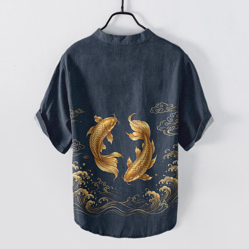 Buddha Stones Chemise homme à manches courtes et demi-boutonnée en coton à motif de carpes koï dorées - image 1