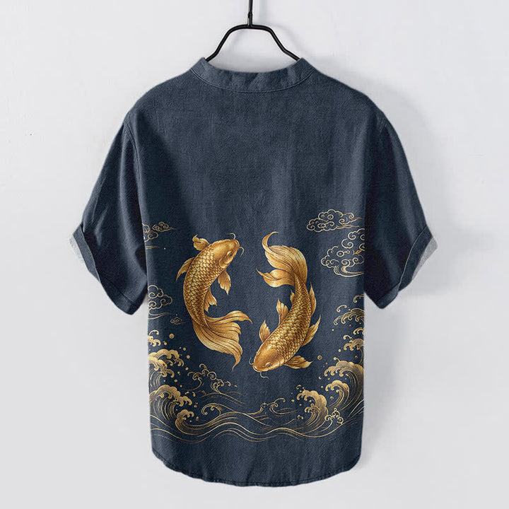 Buddha Stones Chemise homme à manches courtes et demi-boutonnée en coton à motif de carpes koï dorées - image 1
