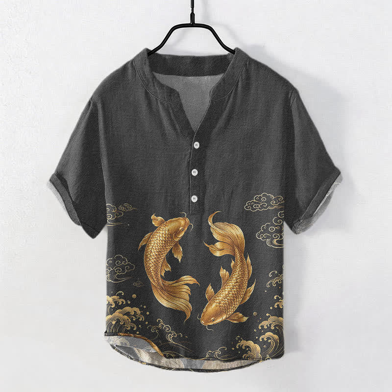 Buddha Stones Chemise homme à manches courtes et demi-boutonnée en coton à motif de carpes koï dorées - Noir - US/UK/AU50，EU60 (5XL) - image 5