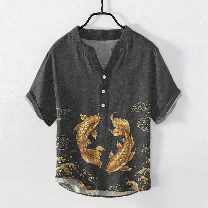Buddha Stones Chemise homme à manches courtes et demi-boutonnée en coton à motif de carpes koï dorées - Noir - US/UK/AU50，EU60 (5XL) - image 5