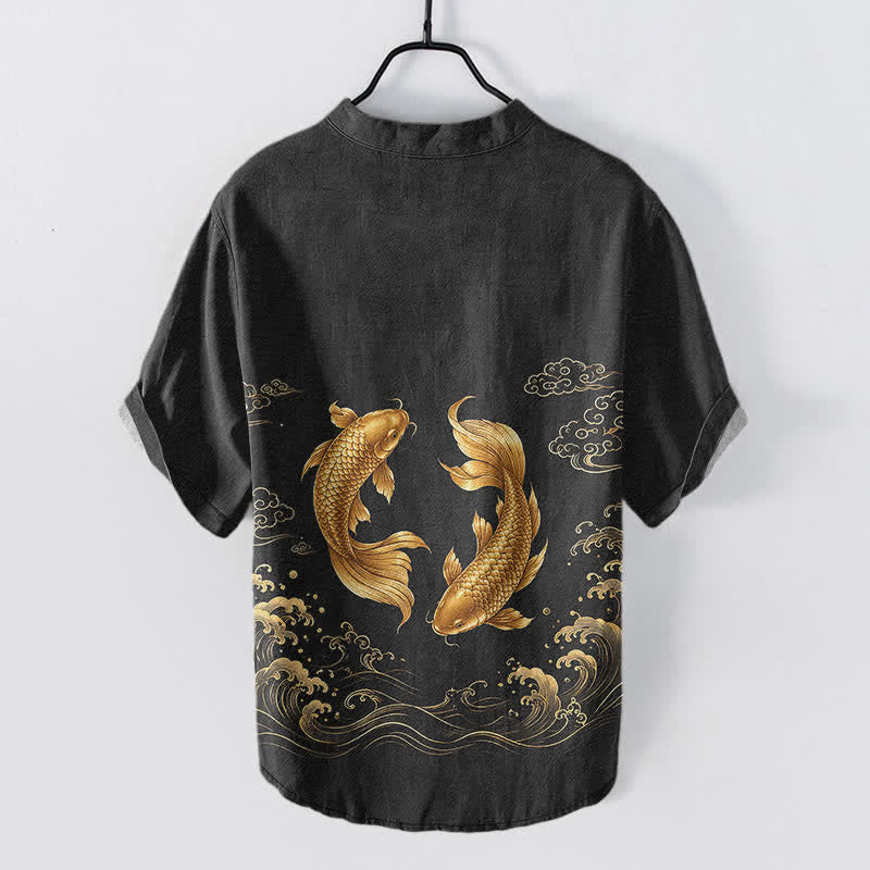 Buddha Stones Chemise homme à manches courtes et demi-boutonnée en coton à motif de carpes koï dorées - image 6
