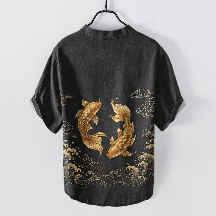 Buddha Stones Chemise homme à manches courtes et demi-boutonnée en coton à motif de carpes koï dorées - image 6