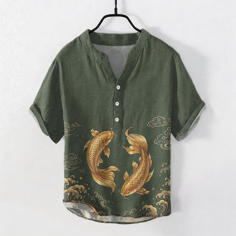Buddha Stones Chemise homme à manches courtes et demi-boutonnée en coton à motif de carpes koï dorées - Vert olive foncé - US/UK/AU50，EU60 (5XL) - image 7