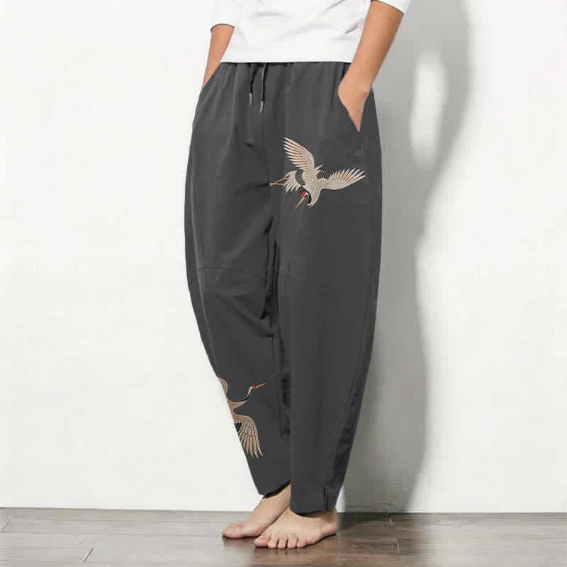 Buddha Stones Pantalon fuselé pour homme en pur coton, motif grues jumelles, cordon de serrage et poches - image 1