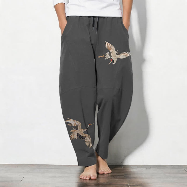 Buddha Stones Pantalon fuselé pour homme en pur coton, motif grues jumelles, cordon de serrage et poches - Gris sombre - US/UK/AU50，EU60 (5XL) - image 0