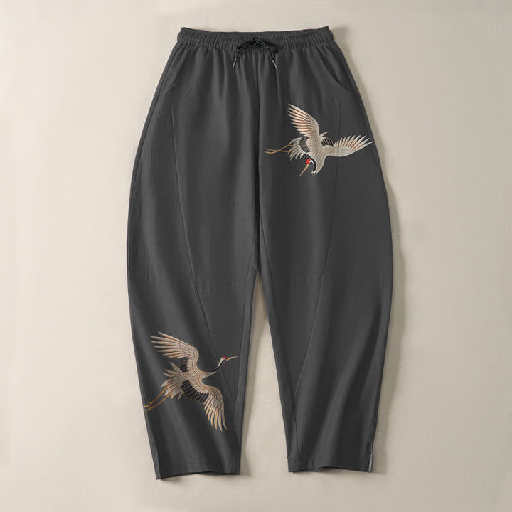 Buddha Stones Pantalon fuselé pour homme en pur coton, motif grues jumelles, cordon de serrage et poches - image 2