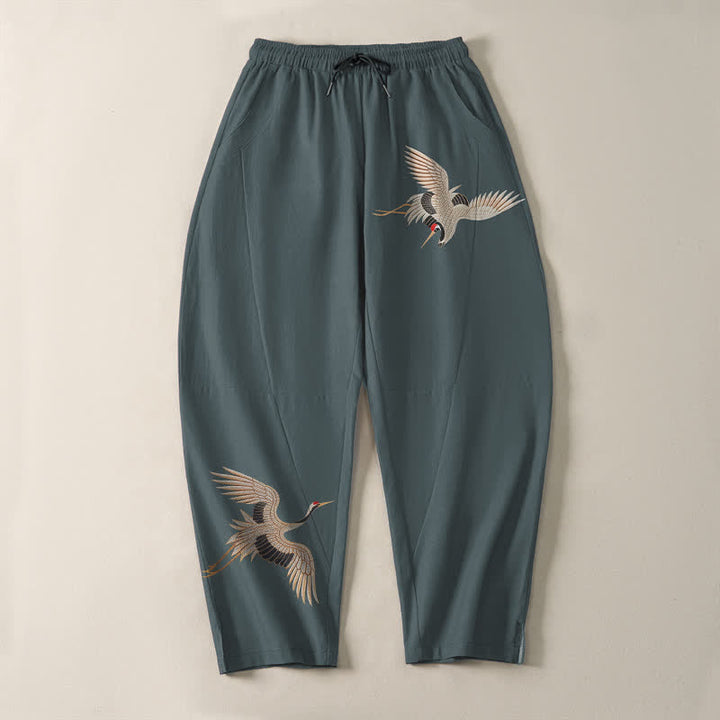Buddha Stones Pantalon fuselé pour homme en pur coton, motif grues jumelles, cordon de serrage et poches - image 9