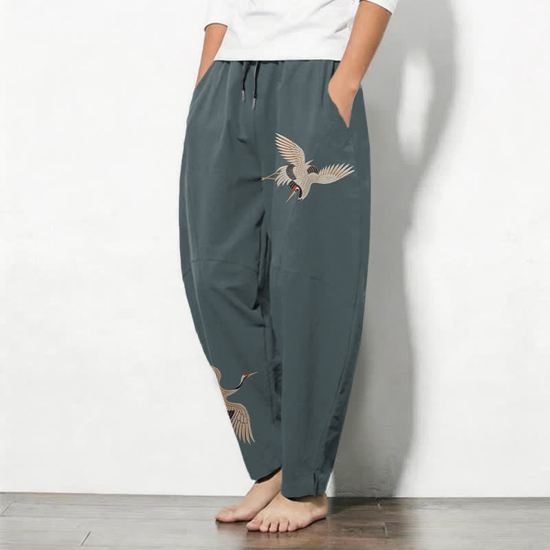 Buddha Stones Pantalon fuselé pour homme en pur coton, motif grues jumelles, cordon de serrage et poches - image 8