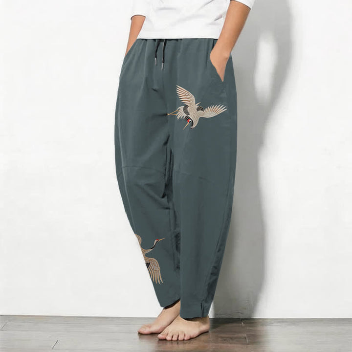 Buddha Stones Pantalon fuselé pour homme en pur coton, motif grues jumelles, cordon de serrage et poches - image 8