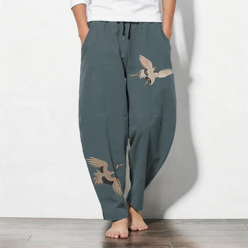 Buddha Stones Pantalon fuselé pour homme en pur coton, motif grues jumelles, cordon de serrage et poches - CadetBlue - US/UK/AU50，EU60 (5XL) - image 7