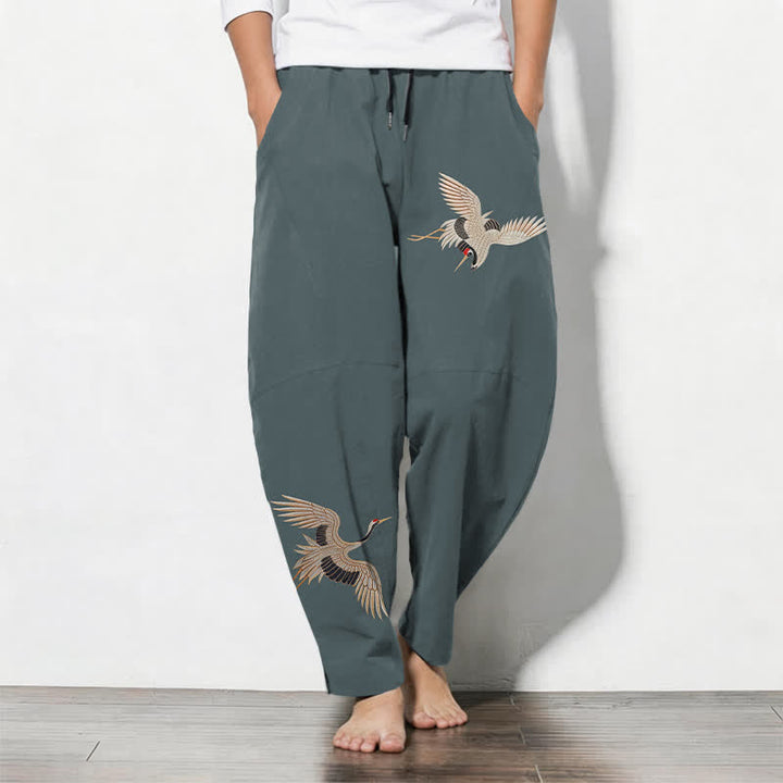 Buddha Stones Pantalon fuselé pour homme en pur coton, motif grues jumelles, cordon de serrage et poches - CadetBlue - US/UK/AU50，EU60 (5XL) - image 7