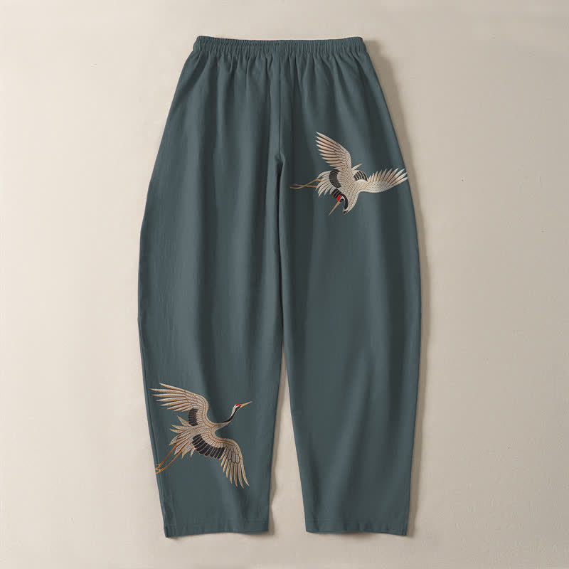 Buddha Stones Pantalon fuselé pour homme en pur coton, motif grues jumelles, cordon de serrage et poches - image 10