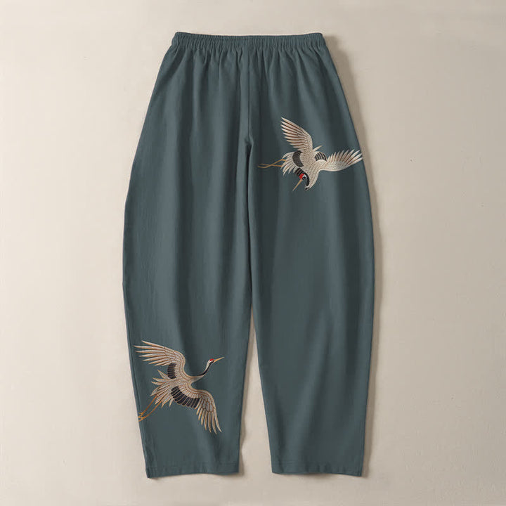 Buddha Stones Pantalon fuselé pour homme en pur coton, motif grues jumelles, cordon de serrage et poches - image 10