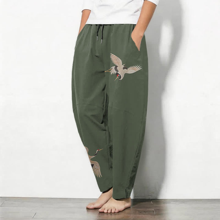Buddha Stones Pantalon fuselé pour homme en pur coton, motif grues jumelles, cordon de serrage et poches - image 12