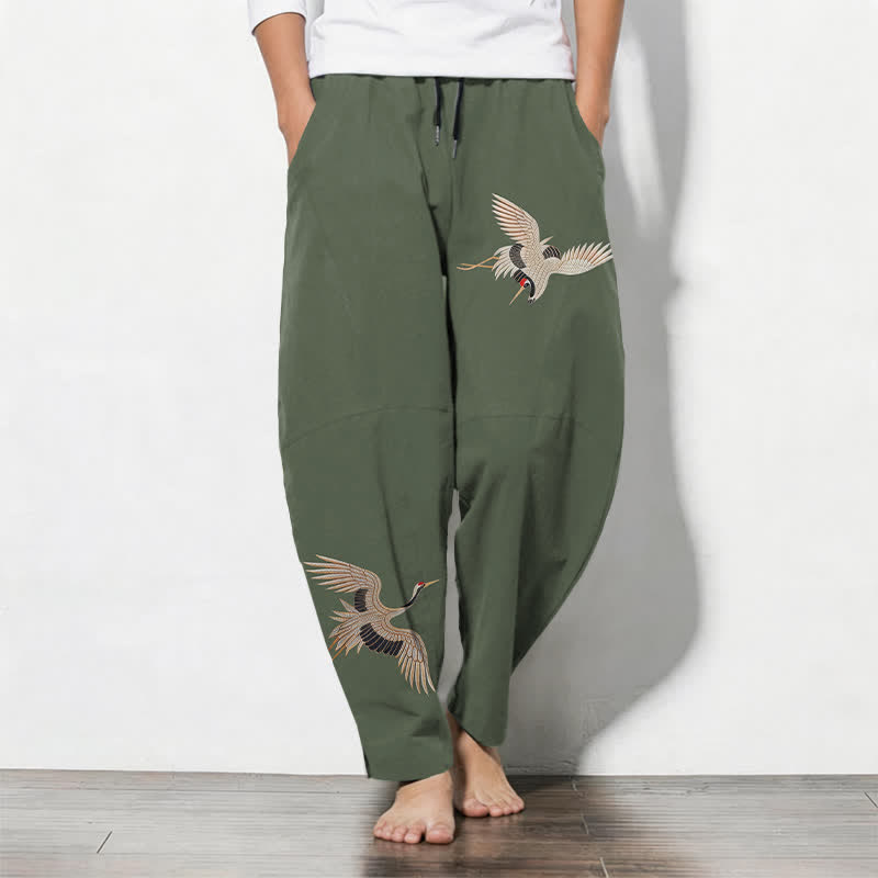 Buddha Stones Pantalon fuselé pour homme en pur coton, motif grues jumelles, cordon de serrage et poches - Vert olive foncé - US/UK/AU50，EU60 (5XL) - image 11