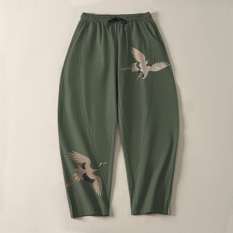 Buddha Stones Pantalon fuselé pour homme en pur coton, motif grues jumelles, cordon de serrage et poches - image 13