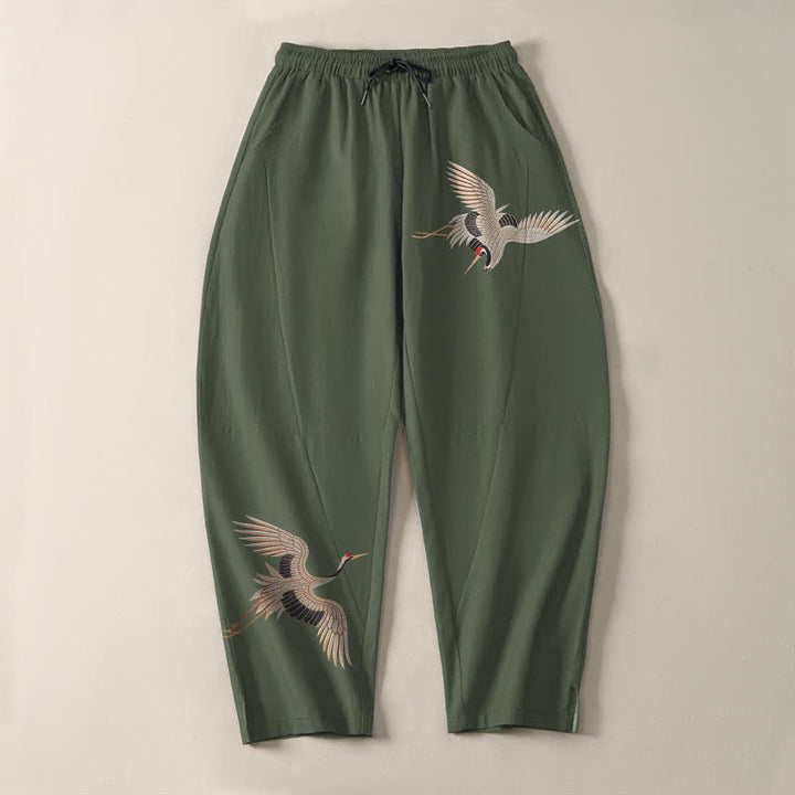 Buddha Stones Pantalon fuselé pour homme en pur coton, motif grues jumelles, cordon de serrage et poches - image 13