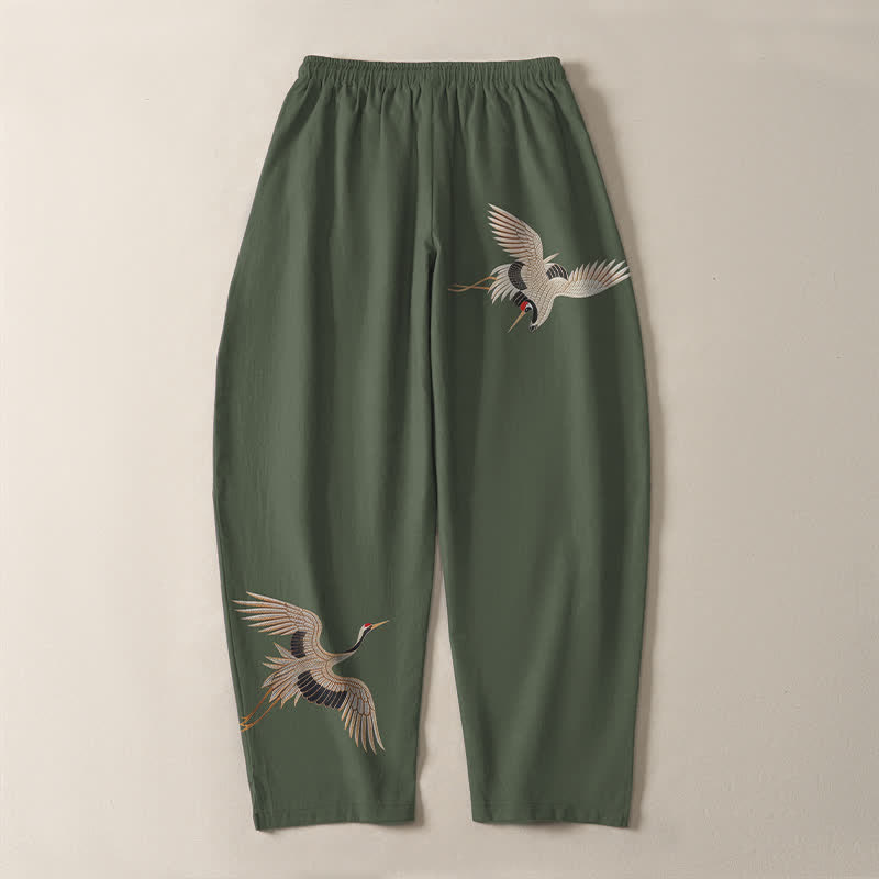 Buddha Stones Pantalon fuselé pour homme en pur coton, motif grues jumelles, cordon de serrage et poches - image 14