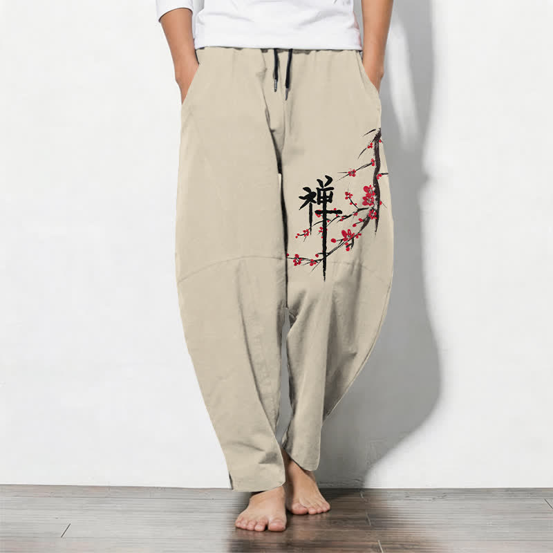 Buddha Stones Pantalon fuselé pour homme en pur coton, motif fleurs de prunier zen, cordon de serrage et poches - Beige - US/UK/AU50，EU60 (5XL) - image 0