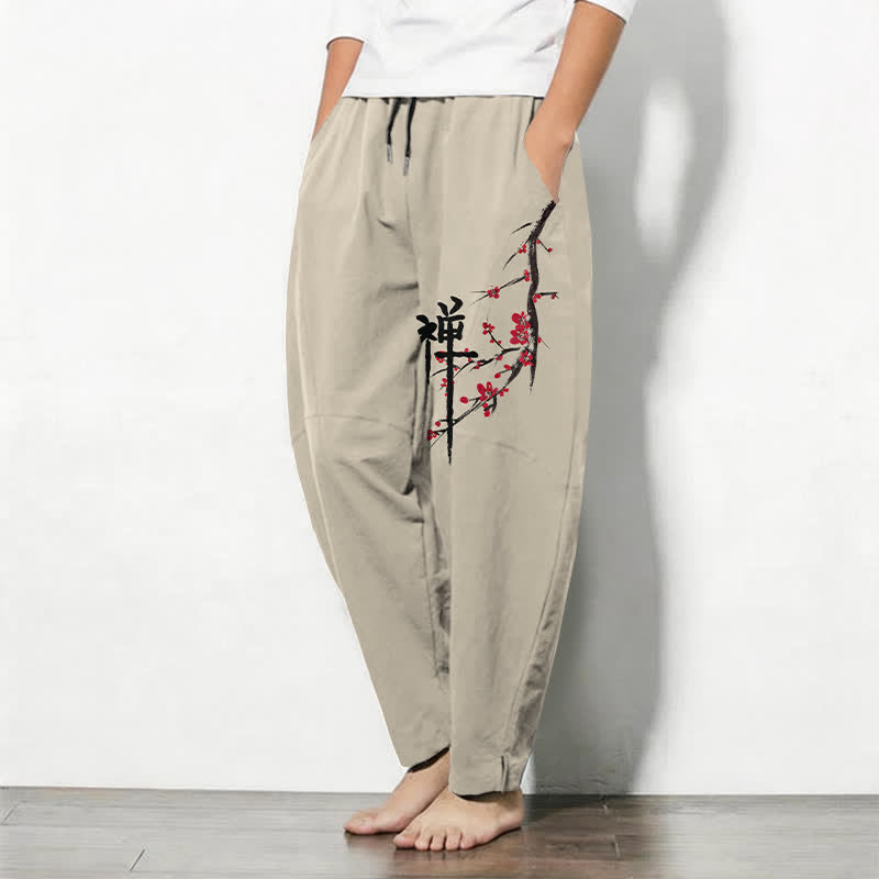 Buddha Stones Pantalon fuselé pour homme en pur coton, motif fleurs de prunier zen, cordon de serrage et poches - image 1
