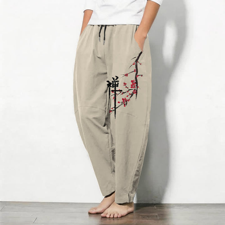 Buddha Stones Pantalon fuselé pour homme en pur coton, motif fleurs de prunier zen, cordon de serrage et poches - image 1