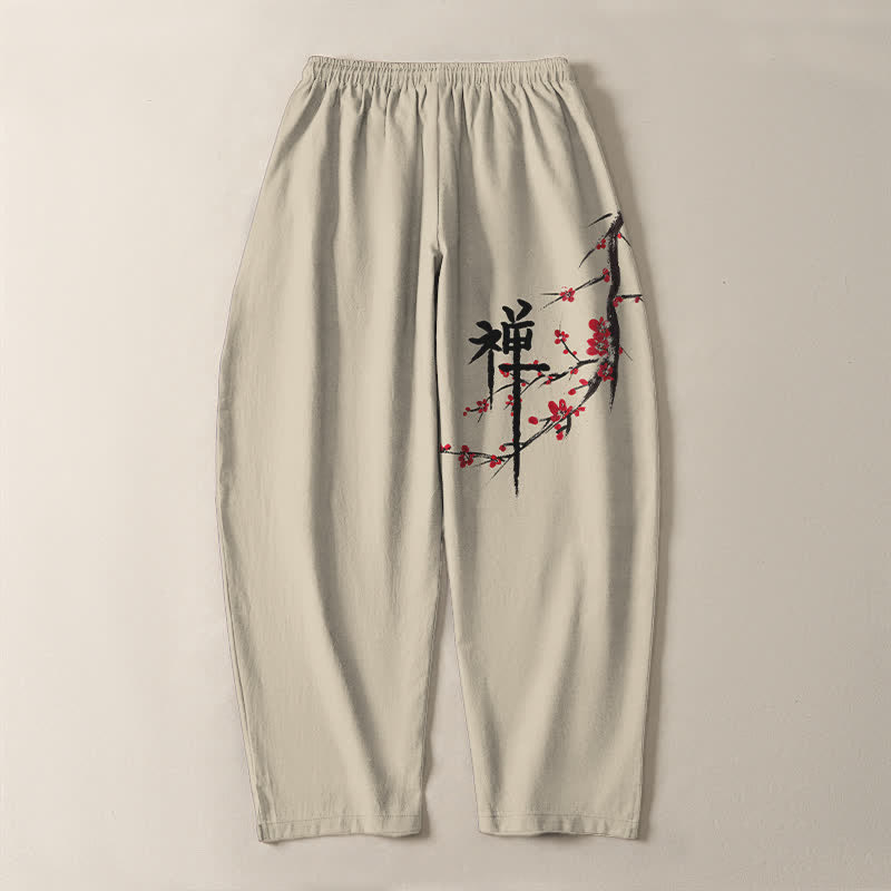 Buddha Stones Pantalon fuselé pour homme en pur coton, motif fleurs de prunier zen, cordon de serrage et poches - image 3