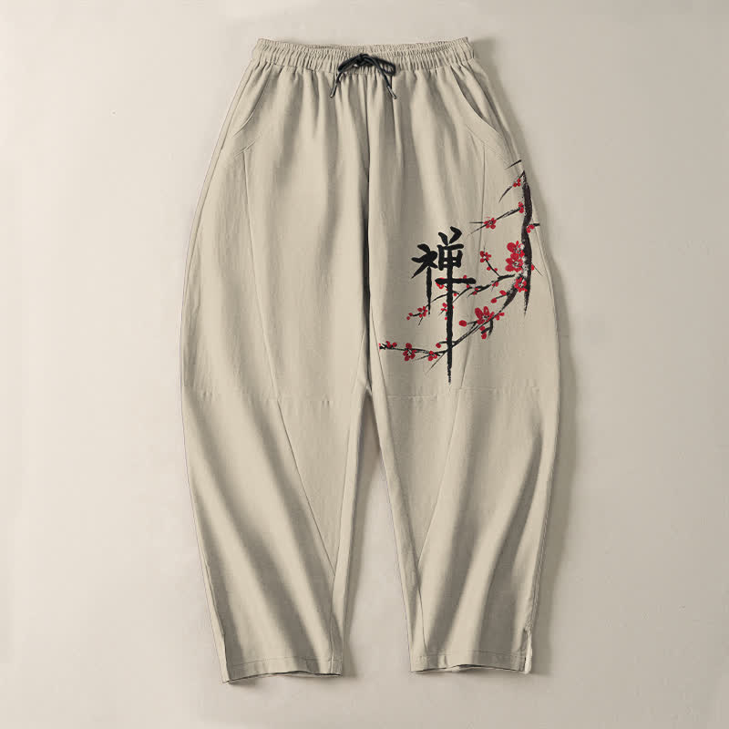Buddha Stones Pantalon fuselé pour homme en pur coton, motif fleurs de prunier zen, cordon de serrage et poches - image 2