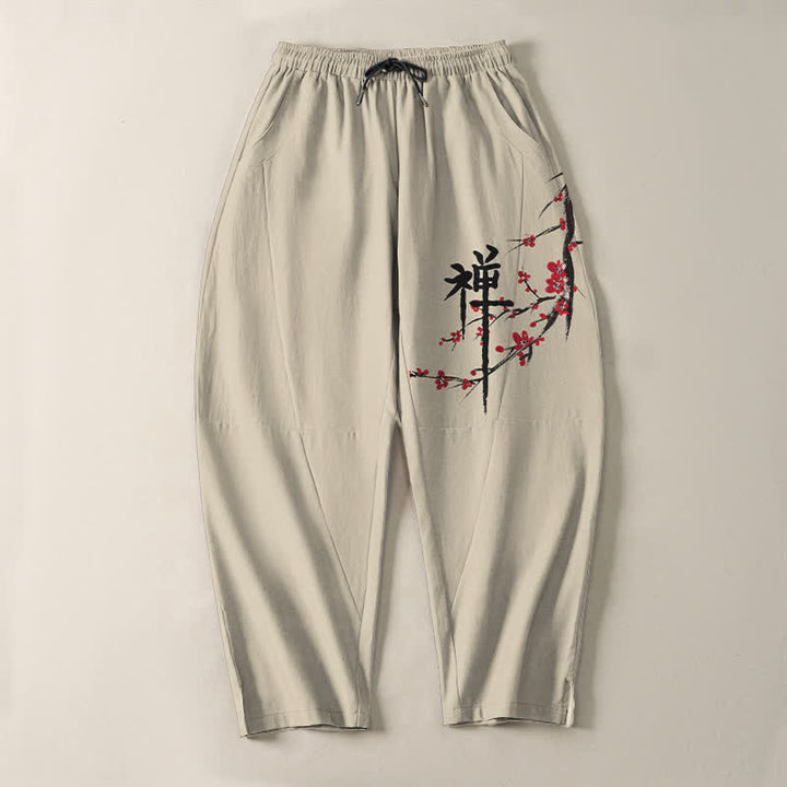 Buddha Stones Pantalon fuselé pour homme en pur coton, motif fleurs de prunier zen, cordon de serrage et poches - image 2